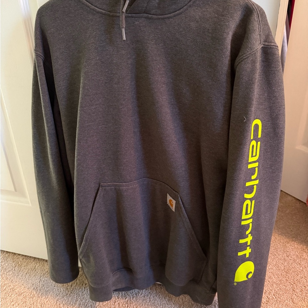 Carhartt Men's Charcoal Hoodie with Bright Yellow Logo - Picture 1 of 1